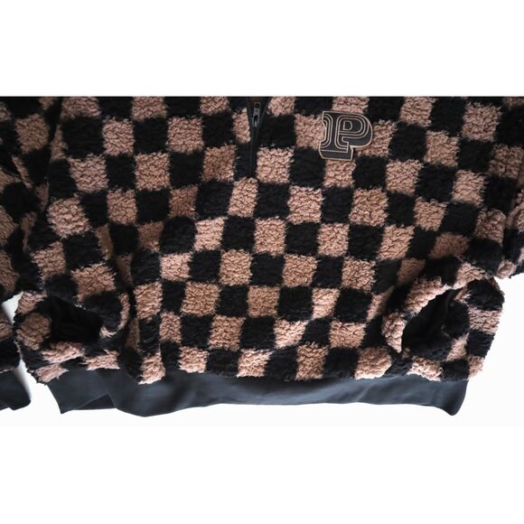 PINK x Victoria's Secret WMNs Sz XL Brown Checkered Cozy Fleece 1/2 Zip Pullover - Picture 7 of 10